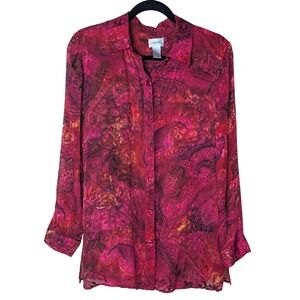 Chico's Velvet Burnout Top Sheer Floral Pink Red Sz. 1 (M) Boho festival